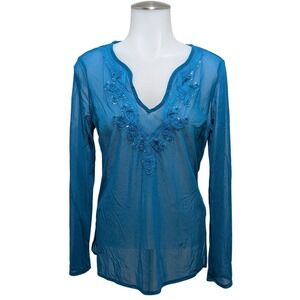 New York & Company Mesh Top Womens S Blue Y2K Boho Sequin V-Neck Long Sleeve